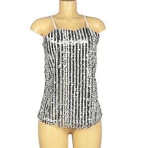 Sequin Striped Halter Tank Top Womens Medium White Silver Sparkle Party Disco